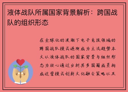 液体战队所属国家背景解析：跨国战队的组织形态